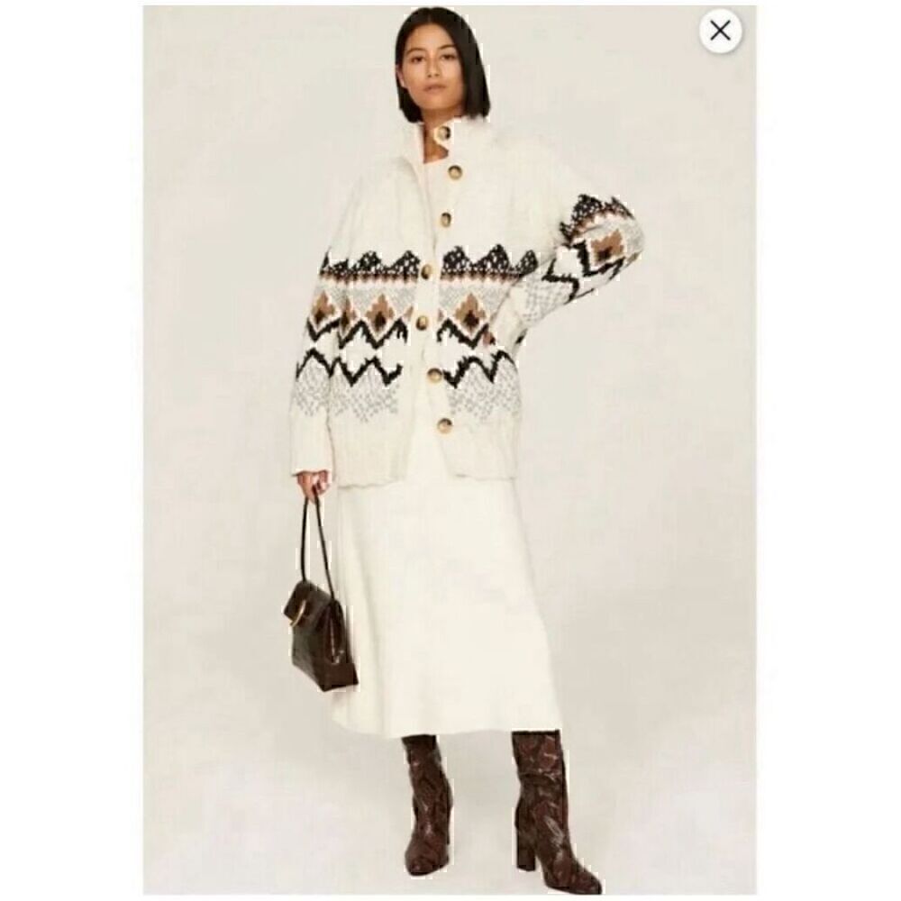 Vanessa Bruno Cream Fair Isle Knit Cardigan with Brown and Black Accents